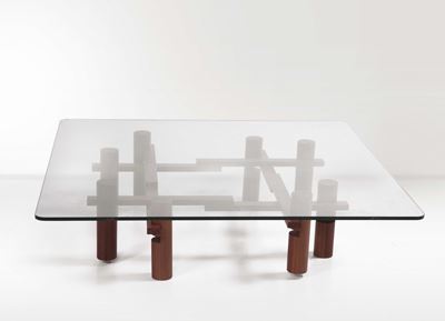 Theodore Waddell. Tavolo Baso in Legno con Piano in Vetro. Prod. Bernini, Italia, 1970 Ca.
