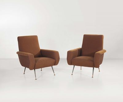 Gigi Radice. Coppia di Poltrone in Metallo e Tessuto. Prod. Minotti, Italia, 1950 Ca.