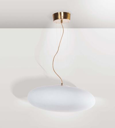 Stilnovo. Lampada da Sospensione in Ottone e Vetro Opalino Satinato. Prod. Stilnovo, Italia, 1950...