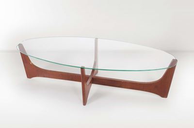 Tavolino Ellissoidale in Legno con Ripiano in Vetro. Prod. Italia, 1950 Ca.