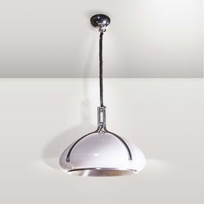 Gae Aulenti. Lampada da Sospensione Quadrifoglio in Plastica e Metallo Cromato. Prod. Guzzini, It...