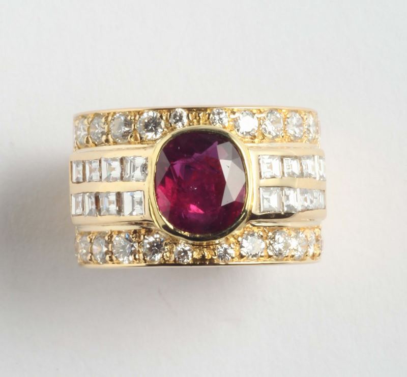 A ruby ring. Accompanied by a R.A.G report n° C011/13. Laboratory stating that the ruby weighing ct 2,58. No indication of heating (NTE)  - Auction Silver, Watches, Antique and Contemporary Jewelry - Cambi Casa d'Aste