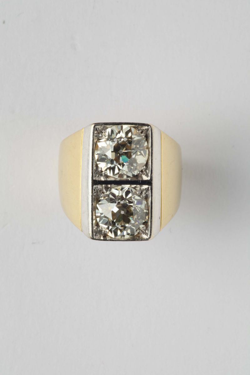 Anello con due diamanti di vecchio taglio ct 2,95-3,05  - Asta Argenti, Orologi e Gioielli Antichi e Contemporanei - Cambi Casa d'Aste