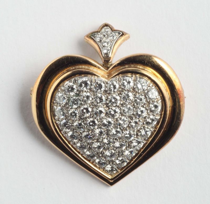 Spilla/pendente a forma di cuore con pavé di diamanti  - Asta Argenti, Orologi e Gioielli Antichi e Contemporanei - Cambi Casa d'Aste