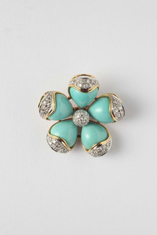 Turquoise paste and diamonds brooch