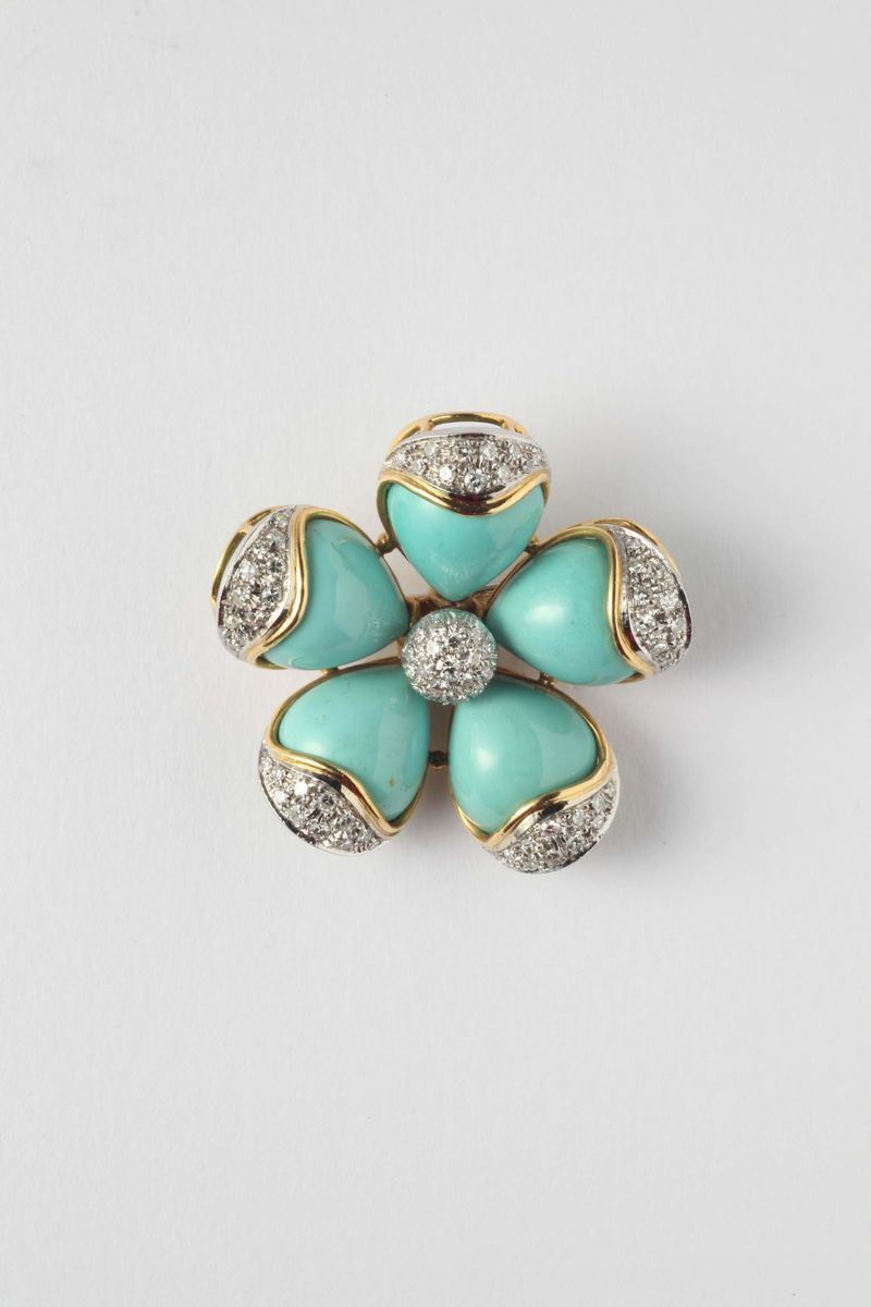 Turquoise paste and diamonds brooch  - Auction Fine Art - Cambi Casa d'Aste