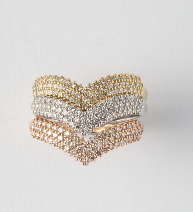 A pavé diamond three rings. Signed Salvini  - Auction Silver, Watches, Antique and Contemporary Jewelry - Cambi Casa d'Aste