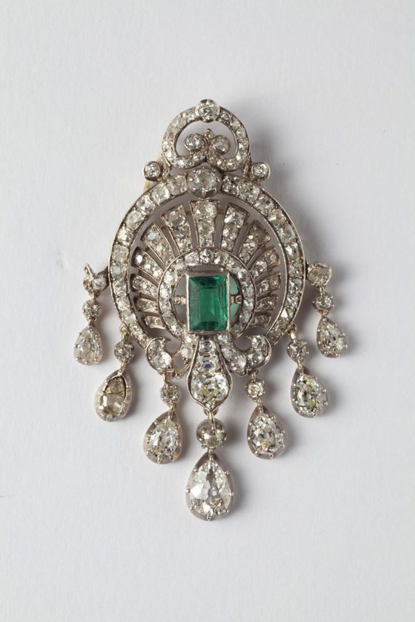 An emerald, rose-cut diamonds, silver and gold pendent