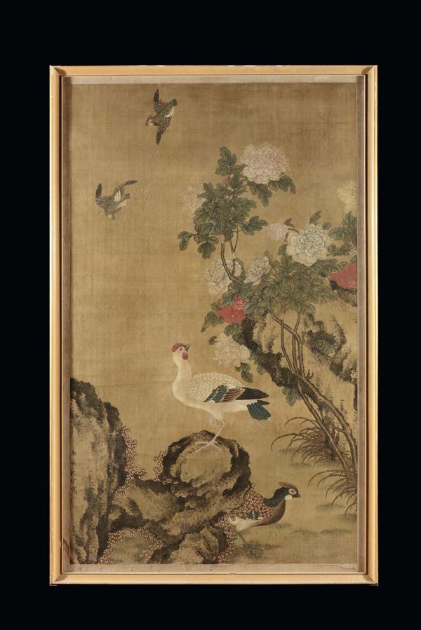 A pair of large panels with birds, China, Qing Dynasty,  19th century