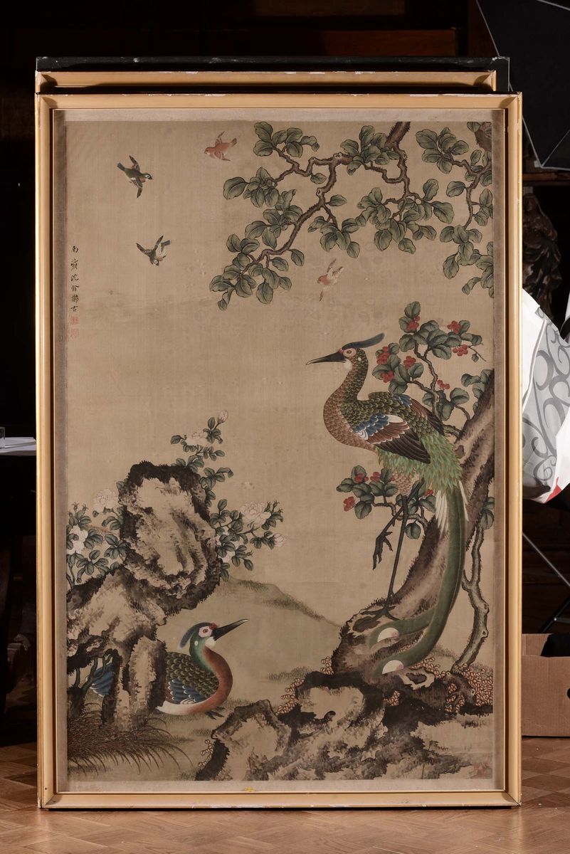 Coppia di Grandi Pannelli con Uccelli, Cina, Dinastia Qing, XIX Secolo