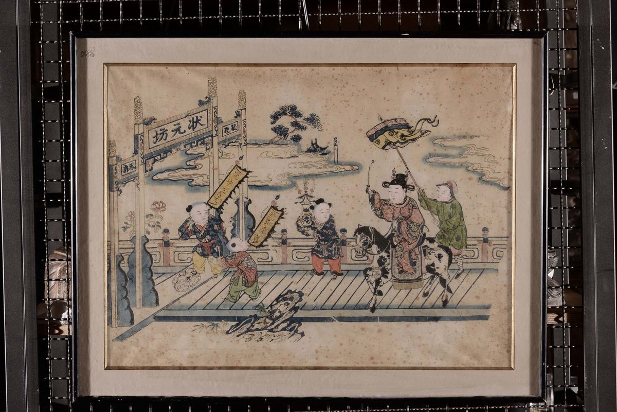 Coppia di Pannelli su Carta con Bambini che Giocano, Cina