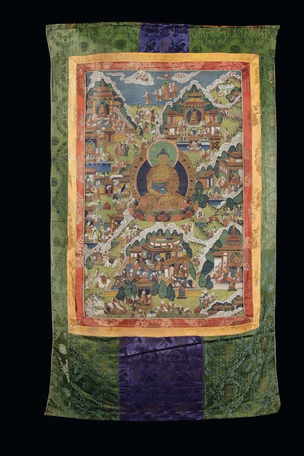 Tanka con divinità e paesaggio,Tibet, XIX secolo