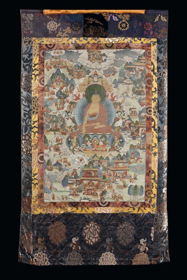 A Thangka with divinities and landscape, Tibet, 18th century