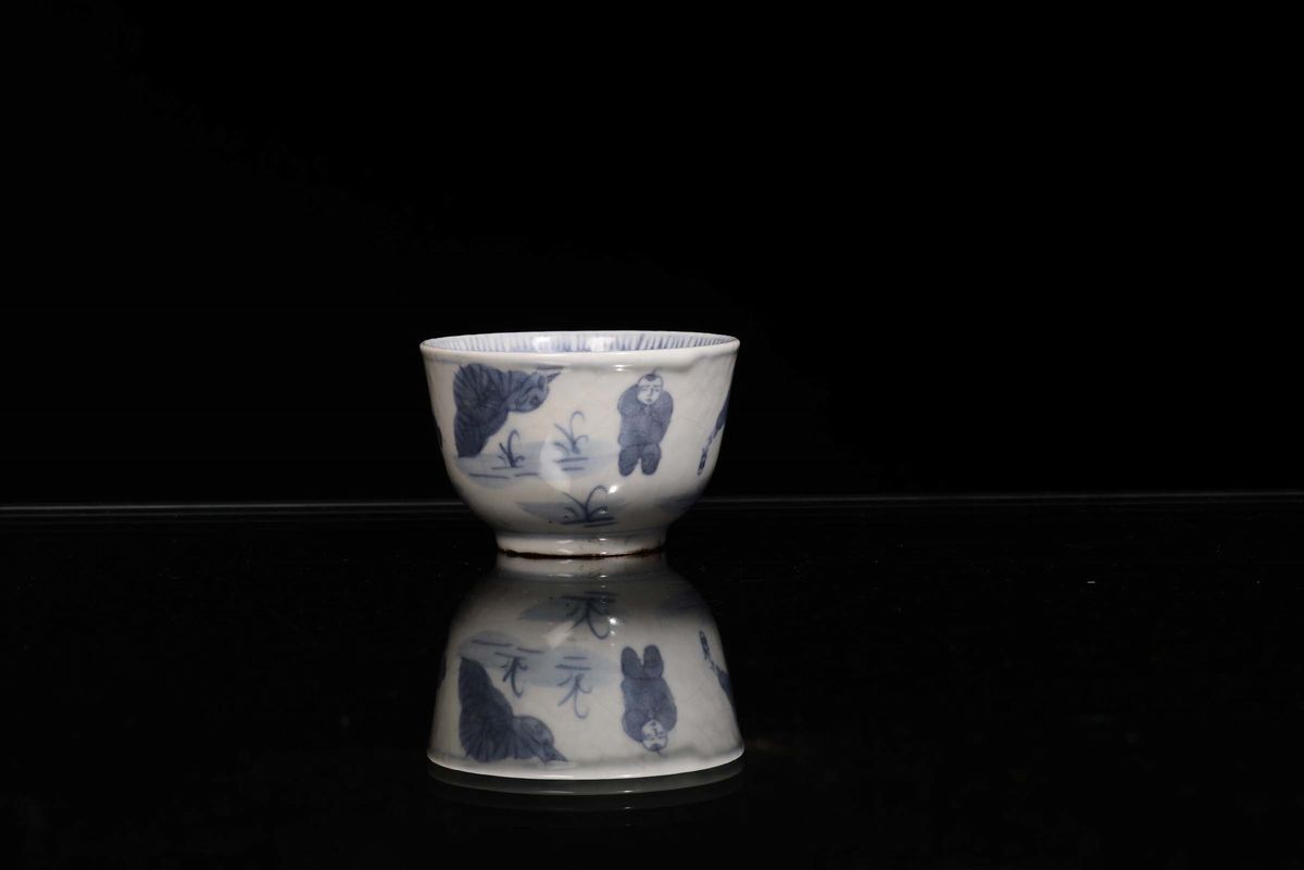 Coppetta in Porcellana Bianca e Blu con Paesaggi, Cina XX Secolo
