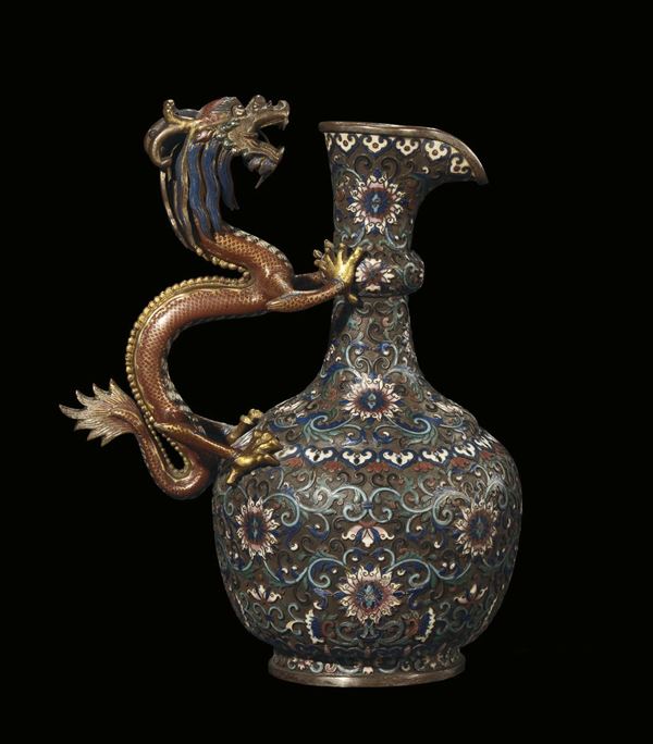 A cloisonné and enamel jug with “dragon” handle, China, Qing Dynasty, 19th century