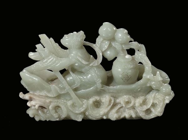 A Celadon jade “figure on boat” group, China Republic, 20th century