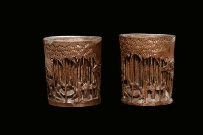 Coppia di Portapennelli Bambù Intagliati, Cina, Dinastia Qing, XIX Secolo