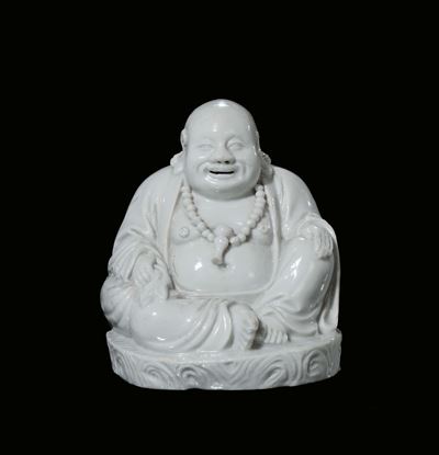 Figura di Budai in Porcellana Blanc De Chine, Cina, Dinastia Qing, XIX Secolo