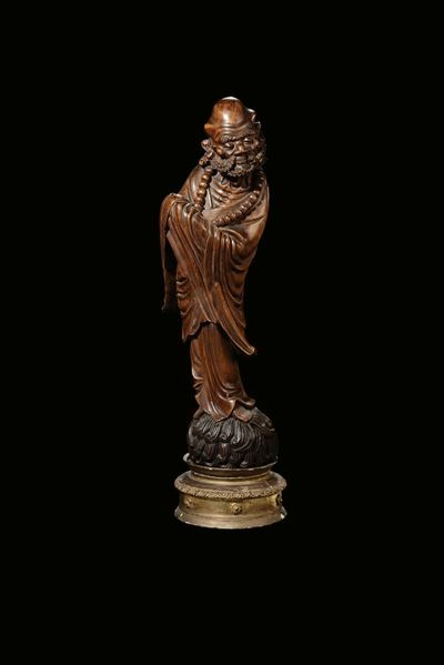 Scultura in Legno Raffigurante Monaco, Cina, Dinastia Qing, XIX Secolo