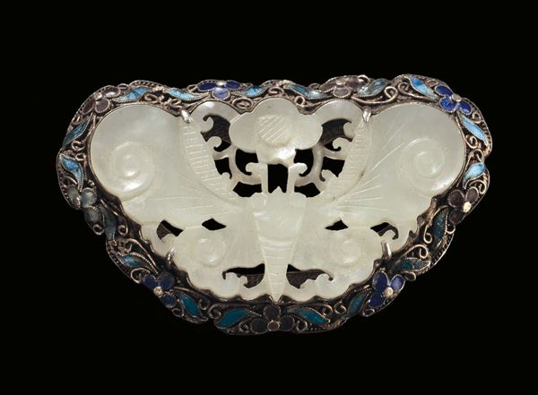 A jade “butterfly” pin mounted in silver and enamel, China, Qing Dynasty, 19th century