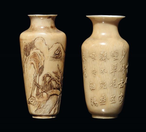 A pair of small carved ivory vases with inscriptions, China, Republic, 20th century