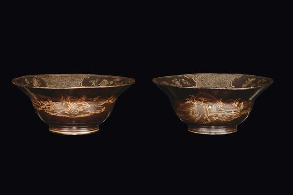 Coppia di ciotole in lacca con decoro dorato, Cina, Dinastia Qing, XVIII secolo