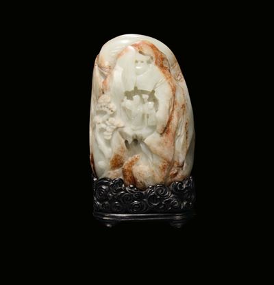 Montagna in Giada Celadon e Russet Scolpita con Personaggi nella Roccia, Cina, Dinastia Qing, Fin...