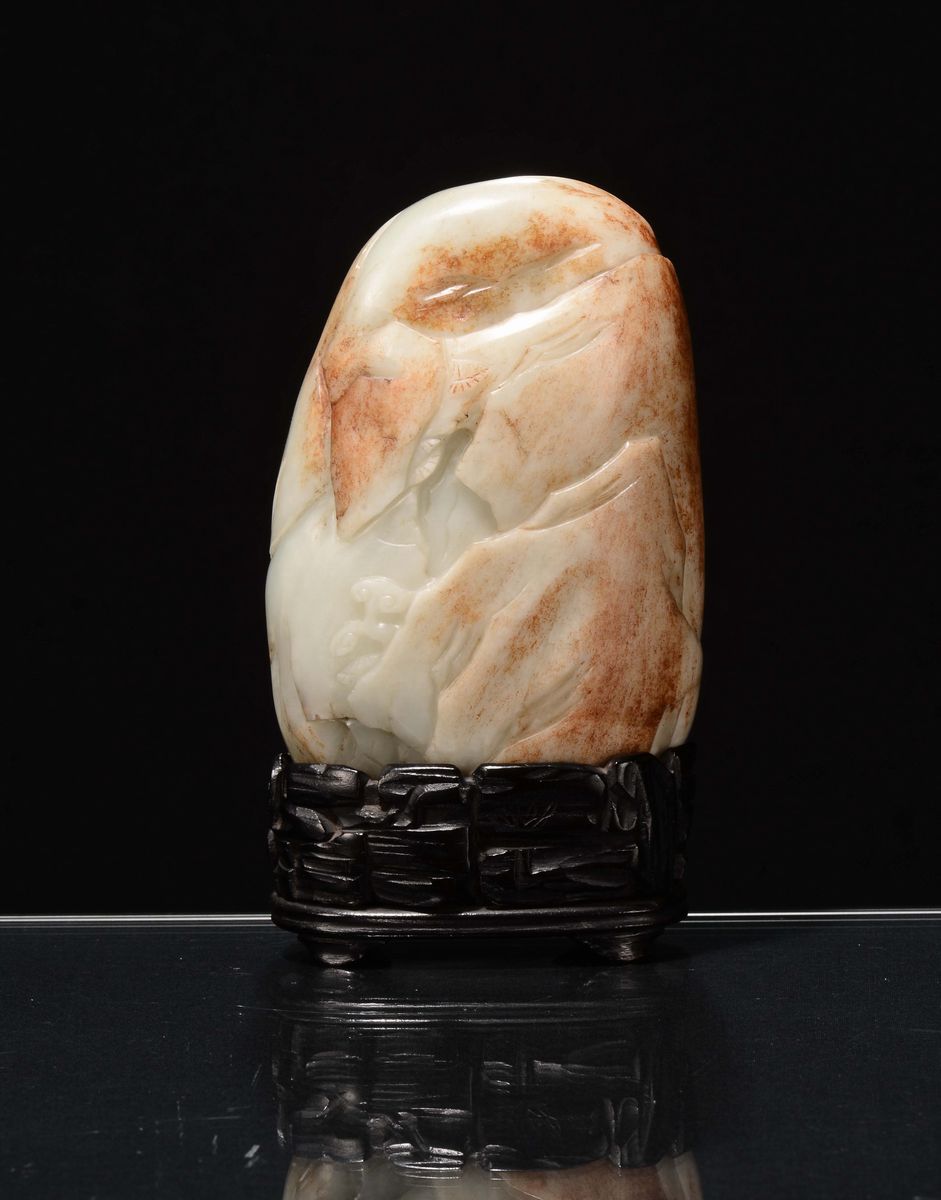 Montagna in Giada Celadon e Russet Scolpita con Personaggi nella Roccia, Cina, Dinastia Qing, Fin...