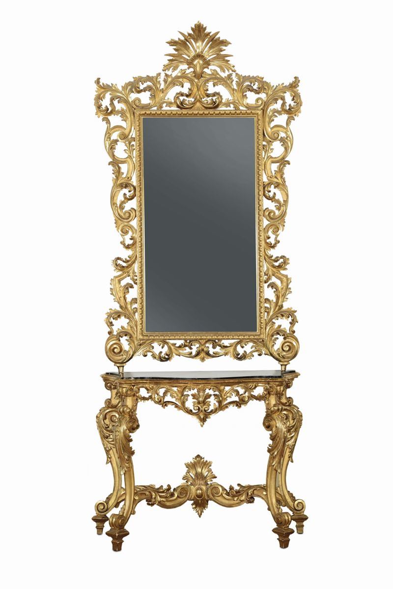 Console con specchiera Luigi XV in legno intagliato e dorato, XVIII-XIX secolo  - Asta Antiquariato e Dipinti Antichi - Cambi Casa d'Aste
