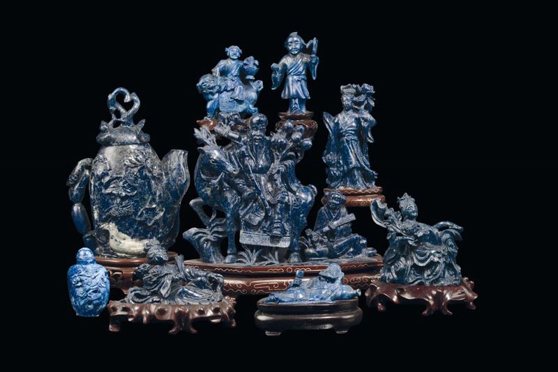 Nine lapis figures, China, Republic, 20th century  - Auction Fine Chinese Works of Art - II - Cambi Casa d'Aste