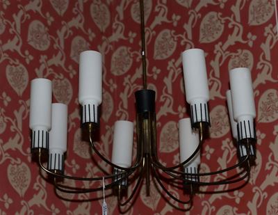 Lampadario in Ottone con Bicchieri in Vetro Satinato