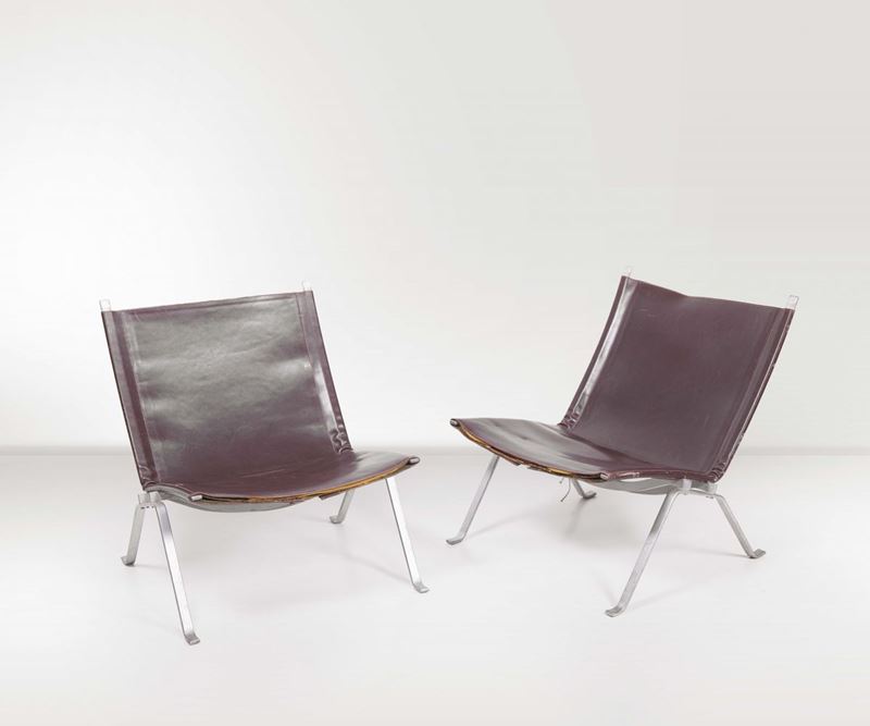 Poul Kjærholm Coppia di sedie PK22 in acciaio satinato e pelle Prod. Kold Christensen, Danimarca, 1958  - Auction Design - Cambi Casa d'Aste