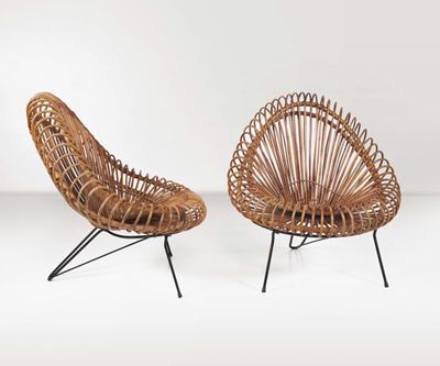 Coppia di Poltrone in Metallo e Rattan. Prod. Bonacina, Italia, 1950 Ca.