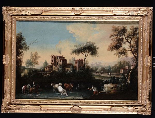 Scuola del XVIII secolo Paesaggi con figure e animali