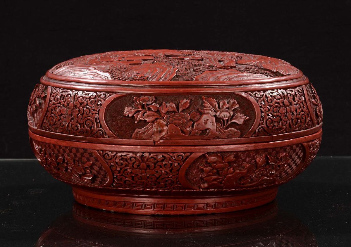 Scatola Circolare e Incisa in Lacca Rossa con Decoro Floreale, Cina, Dinastia Qing, XIX Secolo
