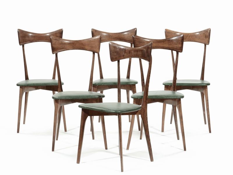 Ico Parisi. Sei sedie in legno d’acero rivestite in stoffa. Prod. Colombo, Italia, 1950 ca.  - Auction Design - Cambi Casa d'Aste