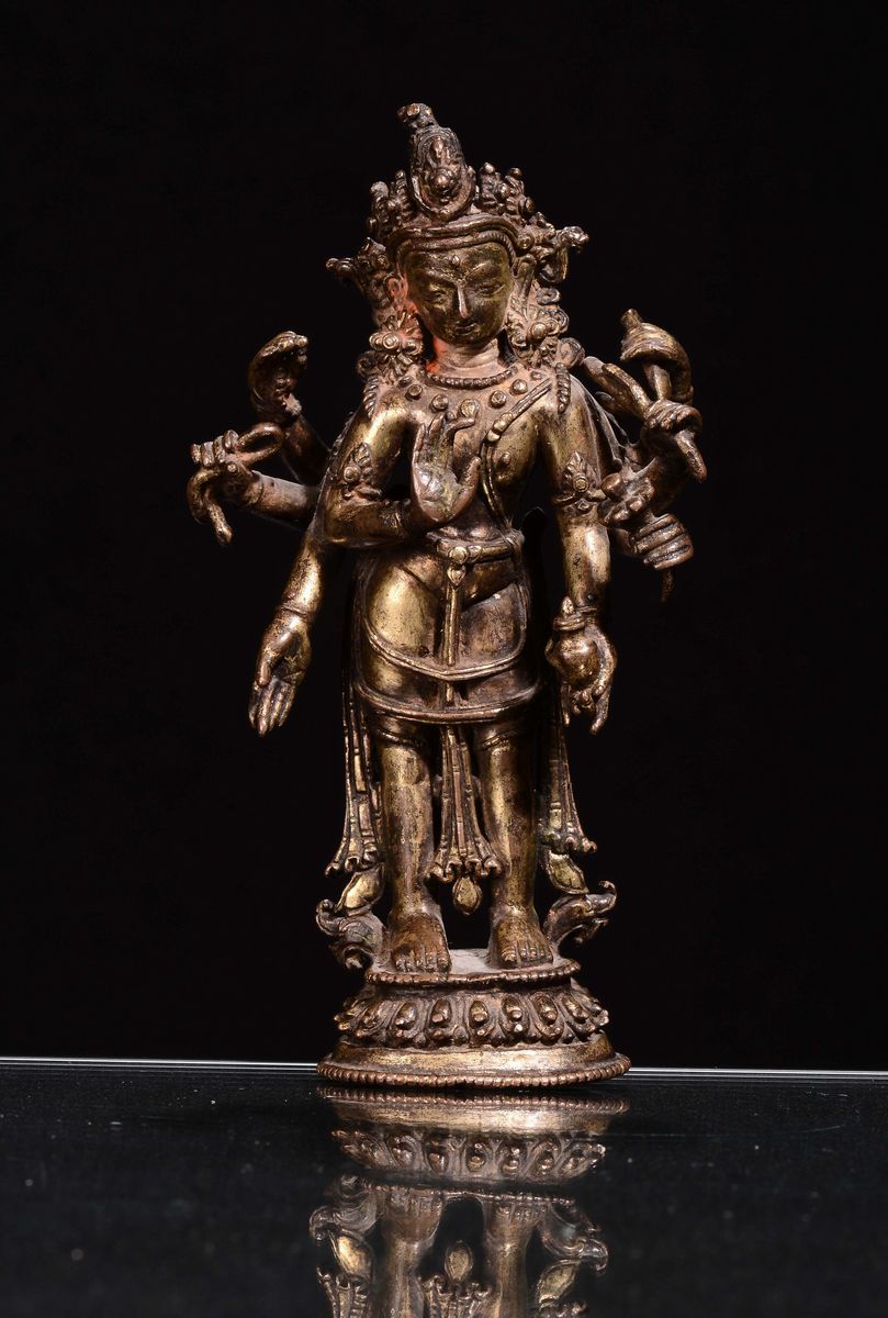 Divinità Otto Braccia Bronzo Dorato, Dinastia Ming, Fine Secolo XVII