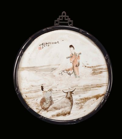Placca in Porcellana con Scena Lacustre, Cina, Repubblica, XX Secolo
