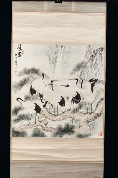 Gruppo di Quattro Scroll con Paesaggi e Soggetti Naturalistici con Piccola Iscrizione, Cina