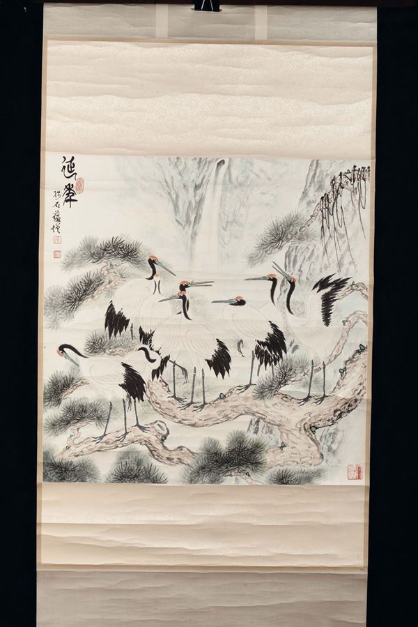 Gruppo di quattro scroll con paesaggi e soggetti naturalistici con piccola iscrizione, Cina