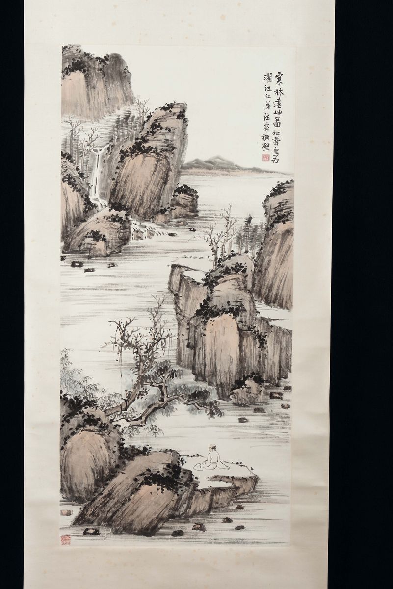 Gruppo di Quattro Scroll con Paesaggi e Soggetti Naturalistici con Piccola Iscrizione, Cina