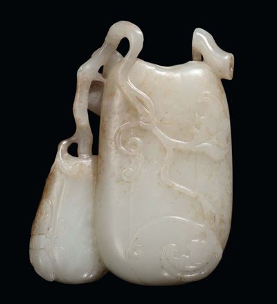 Rara Snuff Bottle a Forma di Zucca in Giada Bianca, Cina, Dinastia Qing, XIX Secolo