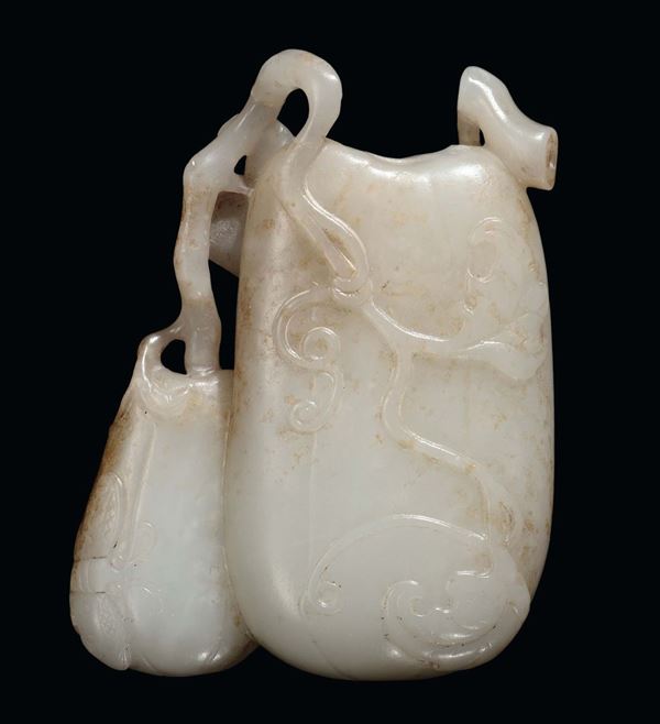 Rara snuff bottle a forma di zucca in giada bianca, Cina, Dinastia Qing, XIX secolo
