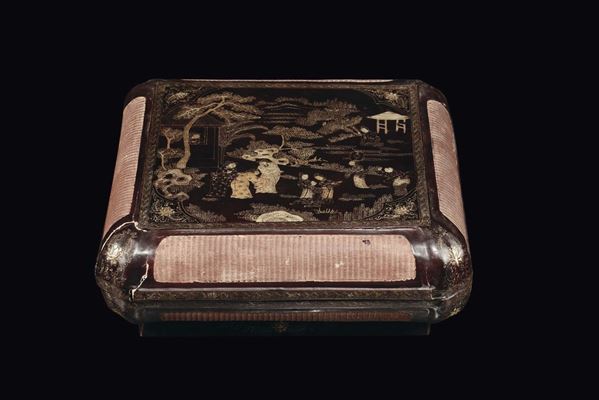 A lacquer box with landscape and figures, Kangxi mark and of the period (1654-1722)