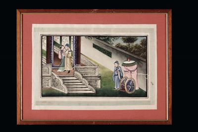 Serie di Nove Dipinti su Carta di Riso con Scene Imperiali, Cina, Canton, Epoca Tao-kuang, XIX Se...