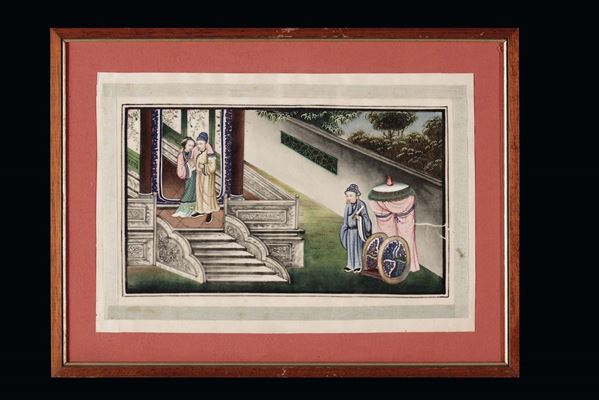 Serie di nove dipinti su carta di riso con scene imperiali, Cina, Canton, epoca Tao-Kuang, XIX secolo