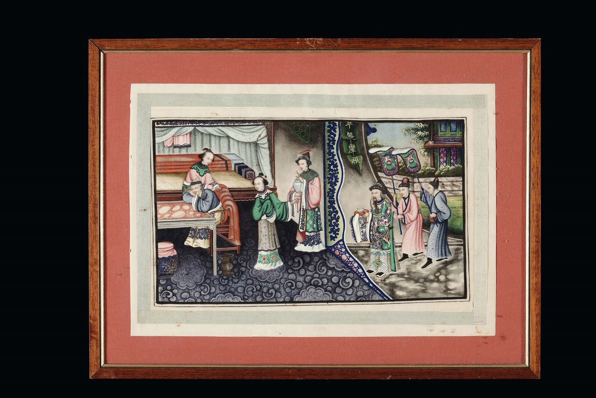 Serie di Nove Dipinti su Carta di Riso con Scene Imperiali, Cina, Canton, Epoca Tao-kuang, XIX Se...
