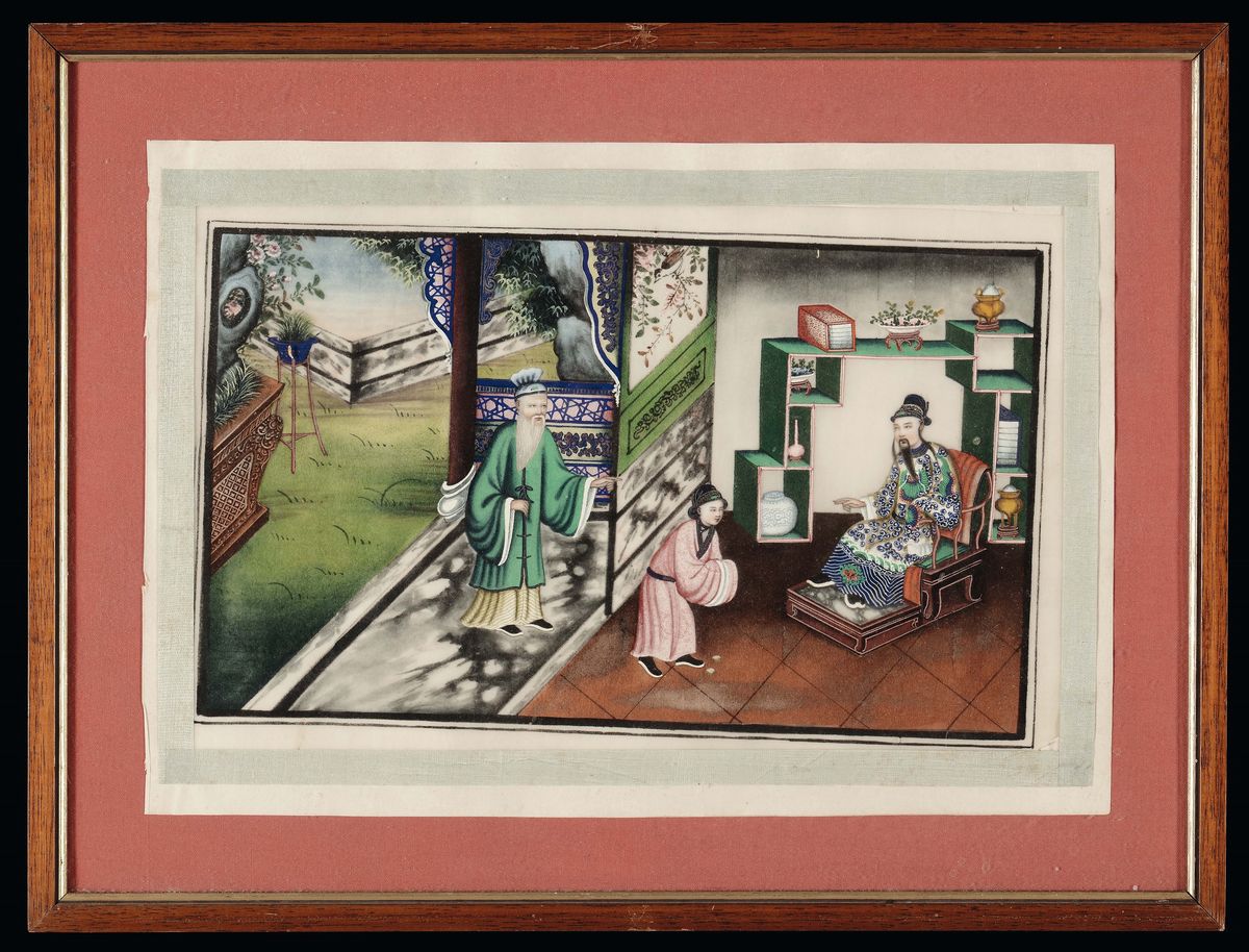 Serie di Nove Dipinti su Carta di Riso con Scene Imperiali, Cina, Canton, Epoca Tao-kuang, XIX Se...