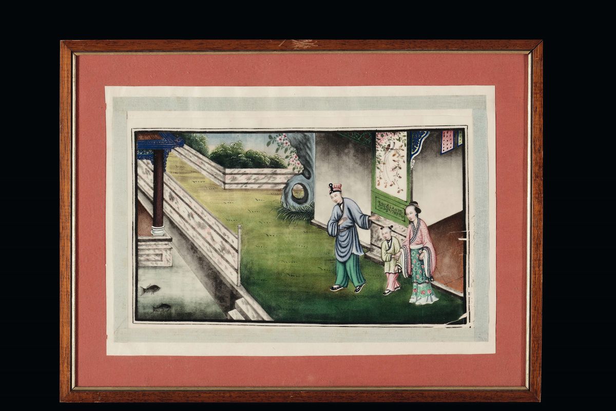 Serie di Nove Dipinti su Carta di Riso con Scene Imperiali, Cina, Canton, Epoca Tao-kuang, XIX Se...