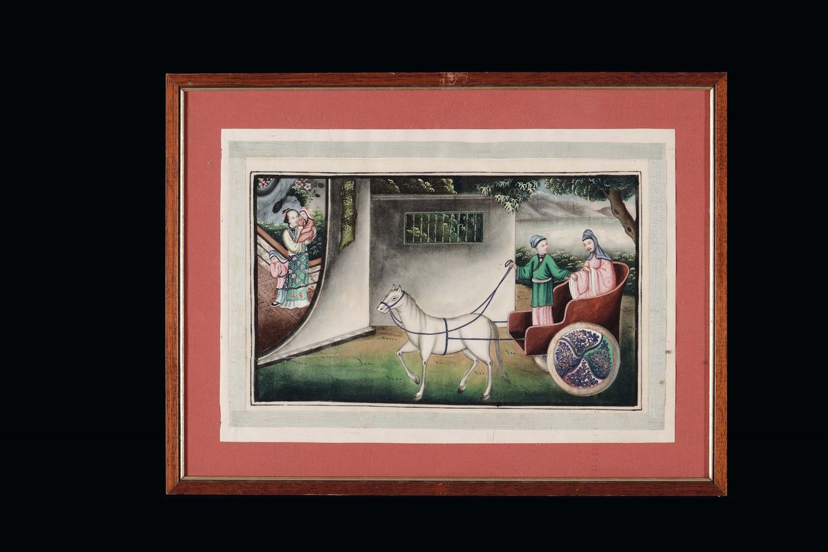 Serie di Nove Dipinti su Carta di Riso con Scene Imperiali, Cina, Canton, Epoca Tao-kuang, XIX Se...